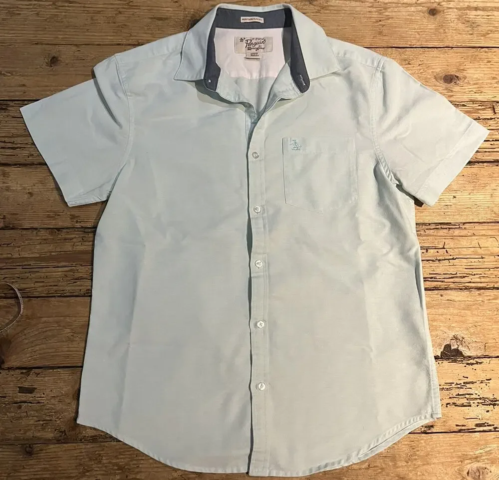 Pinguin Mens Size M Light Blue Short Sleeve Button Down Slim Fit NWOT